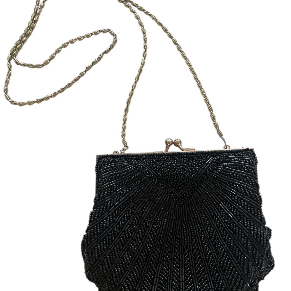 Black Beaded Shoulder Bag with Chain Strap